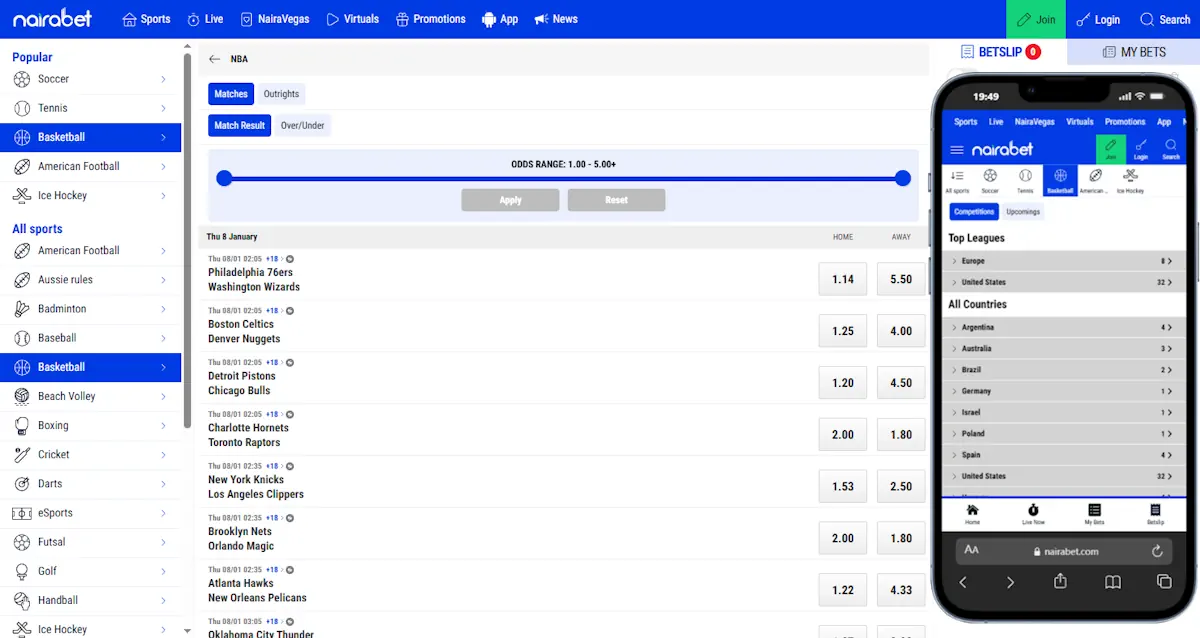 Nairabet Basketball NBA Betting Screenshot